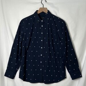 Talbots Womens Navy Blue White Polka Dot Button Down Shirt Size M Long Sleeve